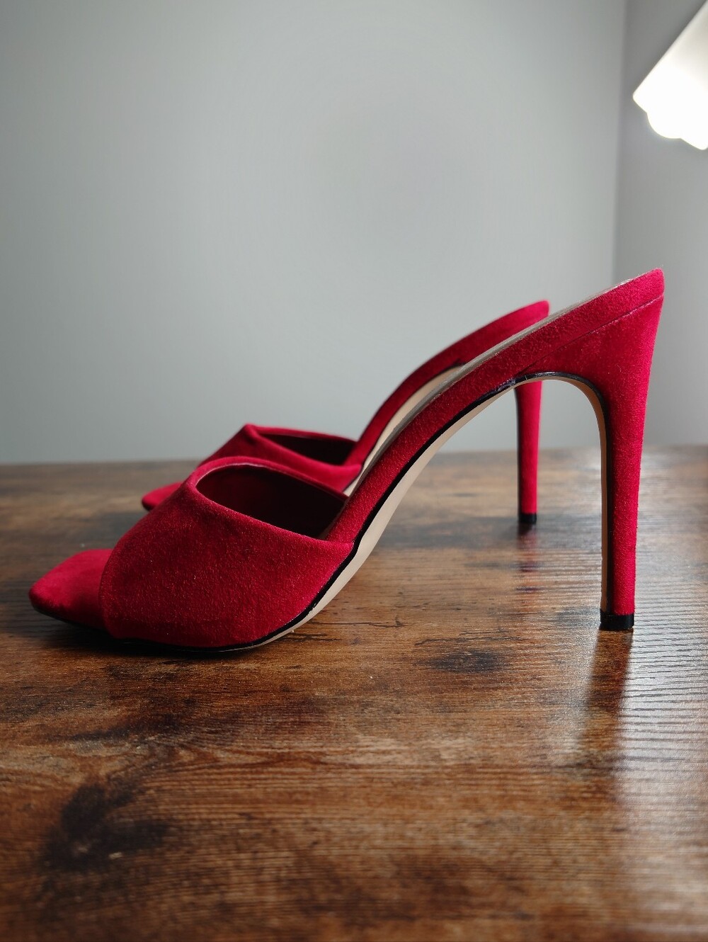 Red Suede Mule Heels Womens Size 9 Open Toe Stiletto Sandals